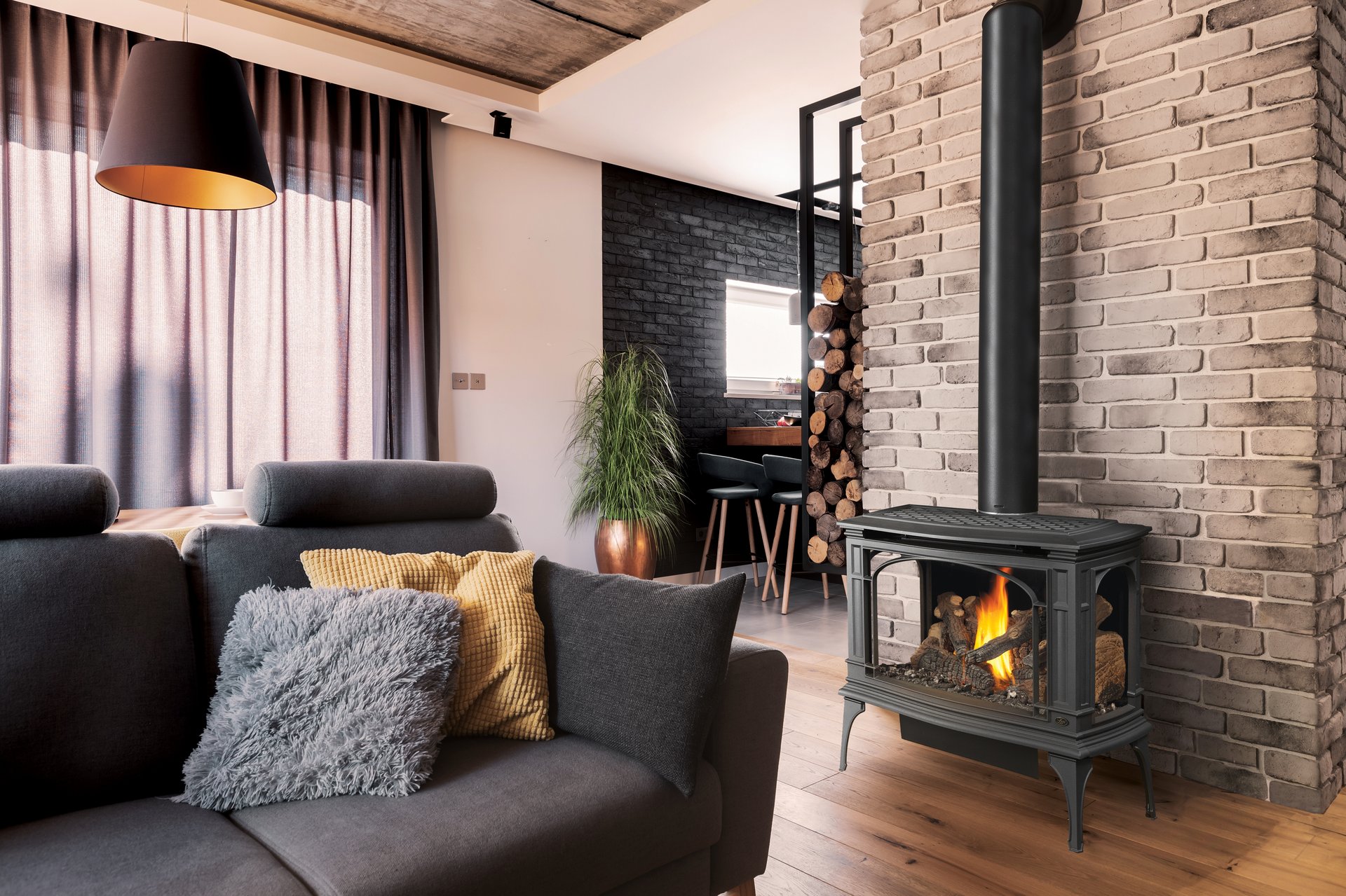 Lopi freestanding wood stove, industrial-rustic